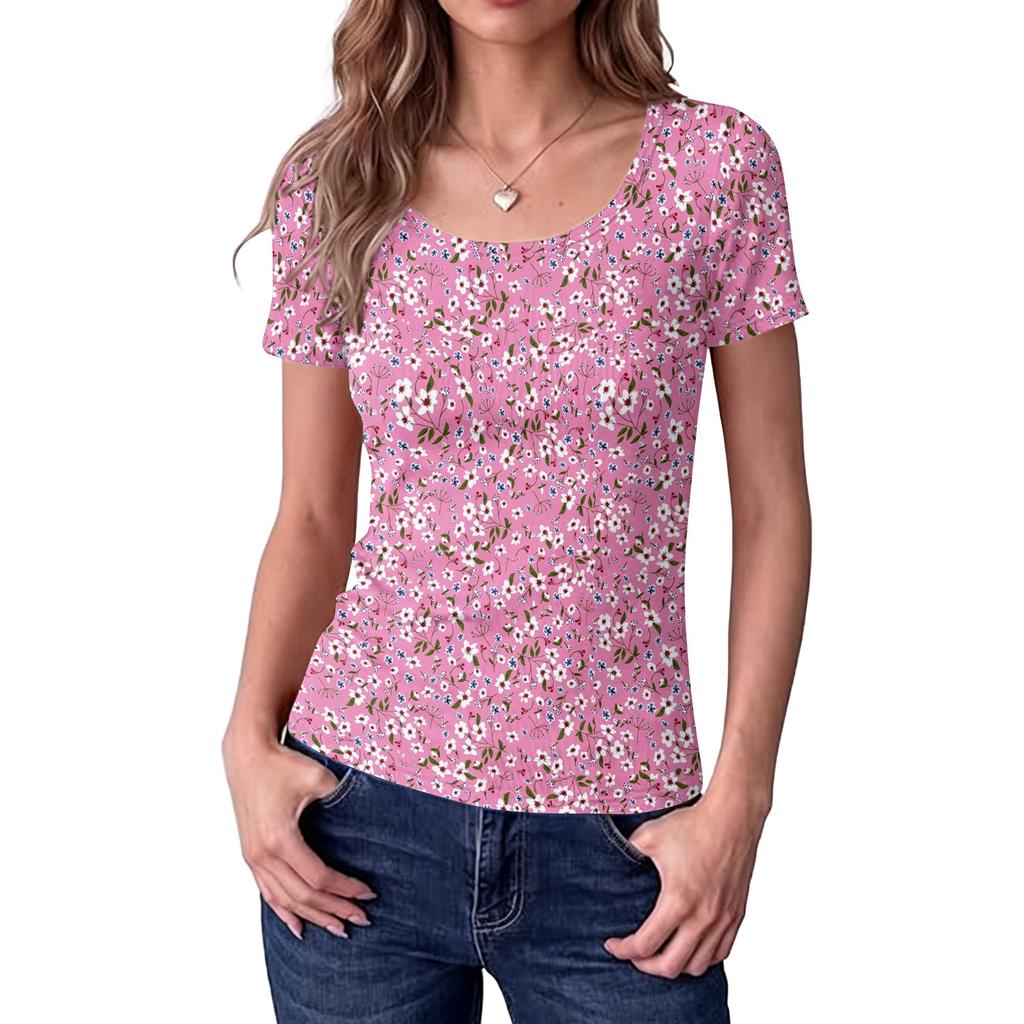 Women's Slim Fit Square Neck Short Sleeve Top Vintage Floral Print Stretchy Casual Blouse for Daily Wear