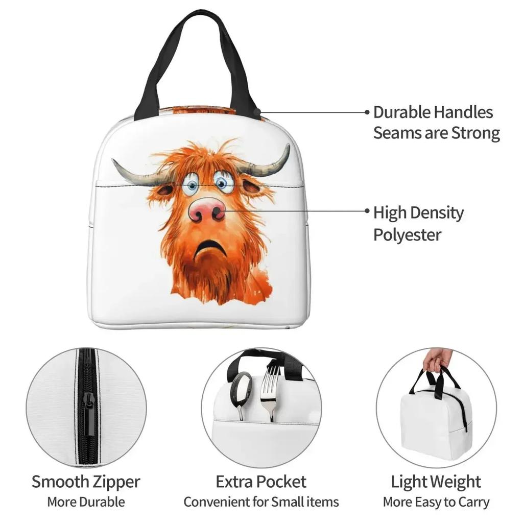Funny Highland Cow Insulated Lunch Bag for Women Kids Portable Food Boxes Thermal Lunch Box Tote