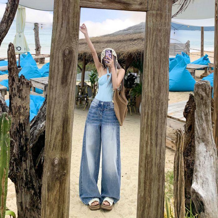 Spring Summer Vintage Texture Distressed Drape Floor Wide Leg Denim Pants For Ladies Casual Pants Oversize Denim Trousers XS