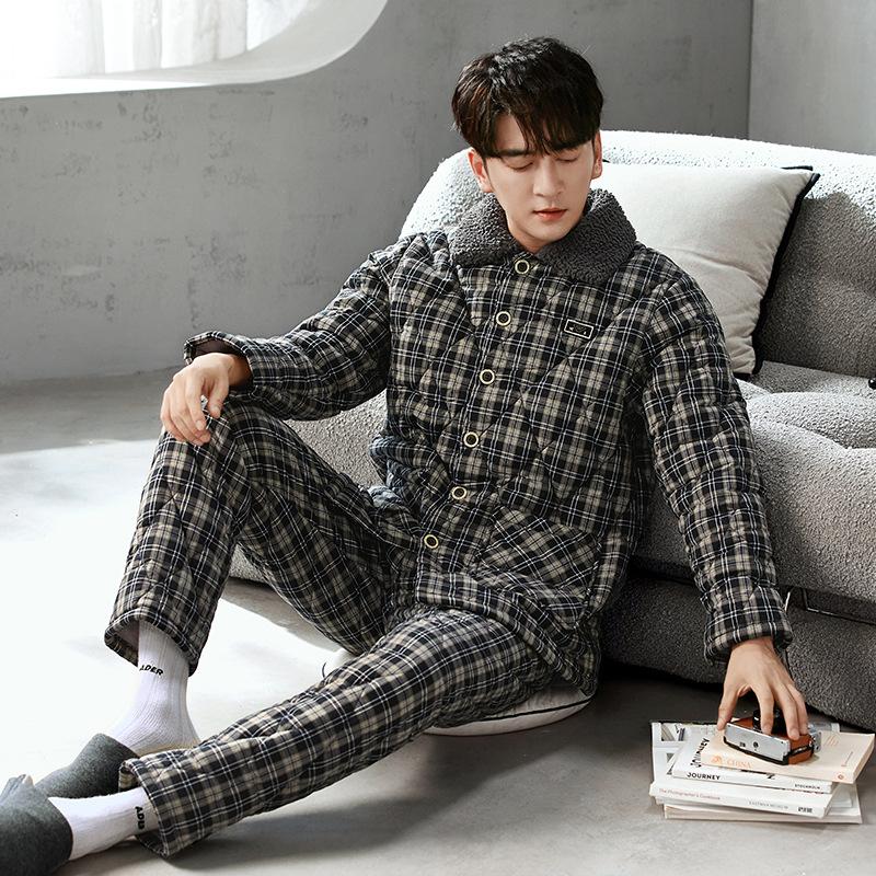 Three-Layer Padded Pajamas Men'S Winter Thickened And Velvet Woven Pure Cotton Warm Padded Jacket Anti-Static Loungewear Set