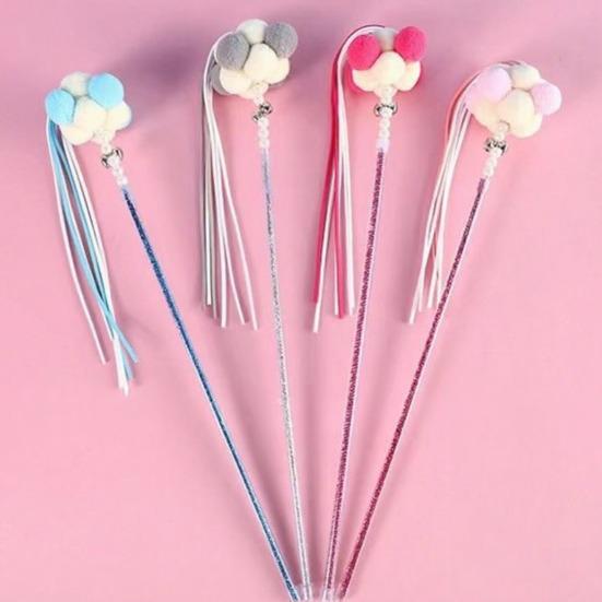 Funny Cat Stick Toy Flexible Long Pole Cat Teaser Wand with Bell And Tassel Interactive Pom-Poms Teaser Wand for Indoor Cats