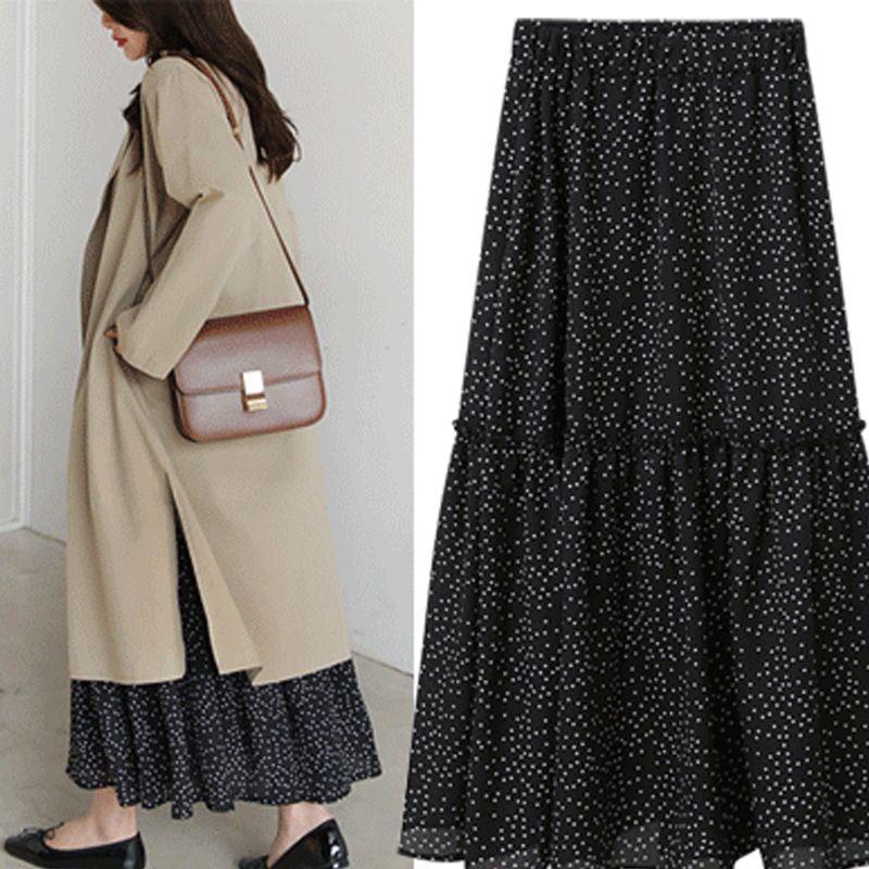 

New Arrival Floral Mid Length Long Length Skirt Women s Plus Size Slim Looking Chiffon Polka Dots Easiest for Match A- line Pleated Large Swing Skirt Black M