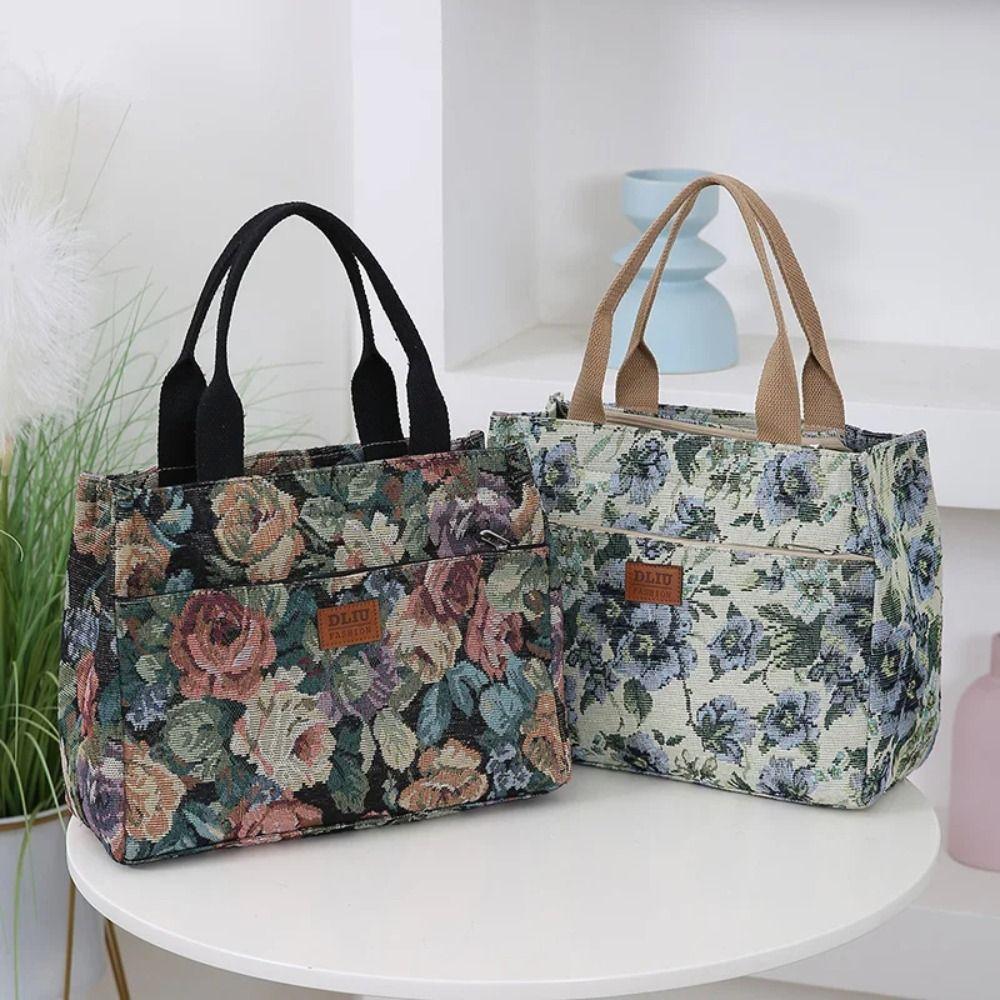 Casual Portable Floral Print Women's Tote Bag Thickened Large Capacity Lunch Bag Canvas Zipper Jacquard Handbag