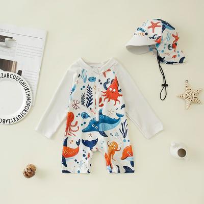Maillot de bain une pièce à imprimé intégral pour garçon Maillot de bain une pièce à demi-patte pour bébé garçon Maillot de bain pour enfants + Chapeau