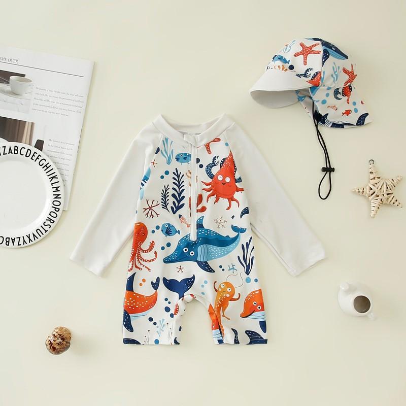 Boys  Full Print One-Piece Swimsuit Baby Boy Half-Placket One-Piece Swimsuit Children s Swimsuit + Hat 90 белый