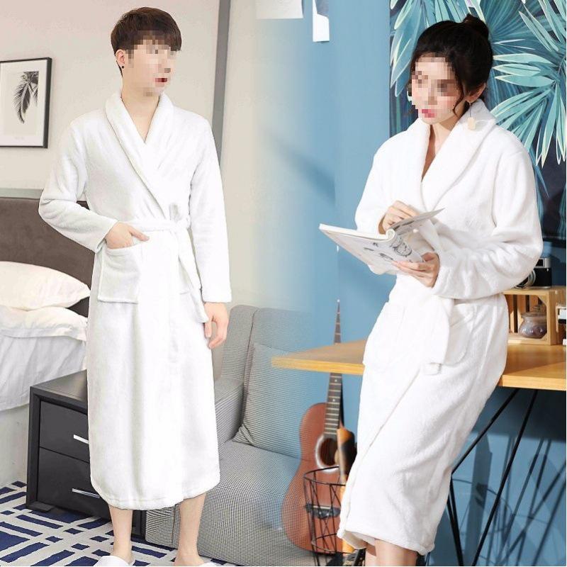 Women's & Men's Coral Fleece Bathrobe - Spring/Autumn, Thick Flannel, Long Couples Robe
