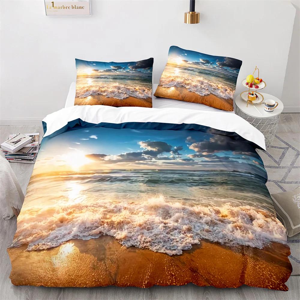 Täcke Strand Havssolnedgång Hawaiianska Vågor Täcke Tropisk Ö och Hav Strand Natur Polyester Sängkläder Set