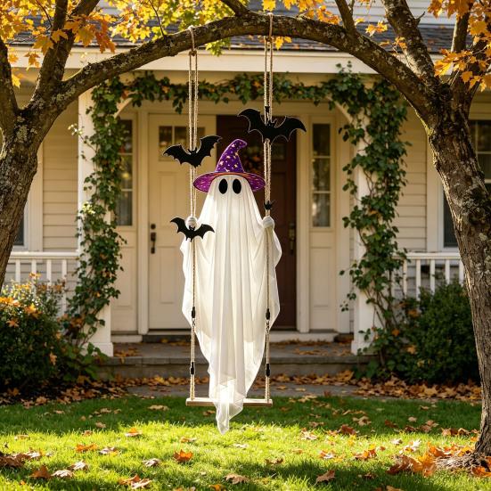 Gruselige Outdoor-Halloween-Dekorationen Schwingendes Geister-Hängeornament mit LED-Lichterkette für Dekoration, Verstellbare Große Festival-Dekoration Leuchtende Fledermaus