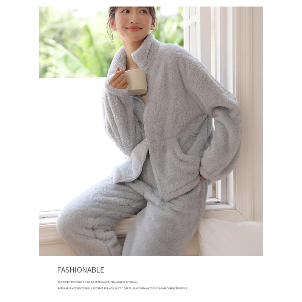 Zimní domácí oblečení dámský kardigan na zip zahuštěná bunda s vysokým límcem plyšové sametové pyžamo oboustranný fleece teplá souprava