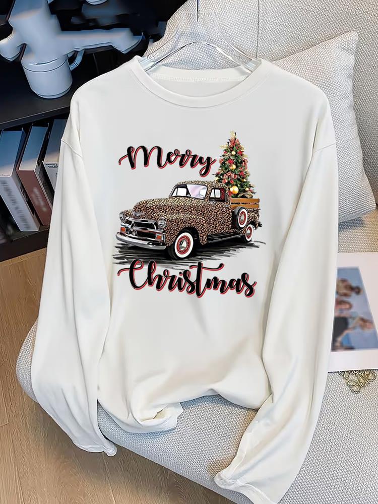 (Asian Size) Lovely Tree Print T Shirt Christmas New Year Graphic Tee Women Autumn Winter Casual Fashion Top Clothing Long Sleeve T-shirts