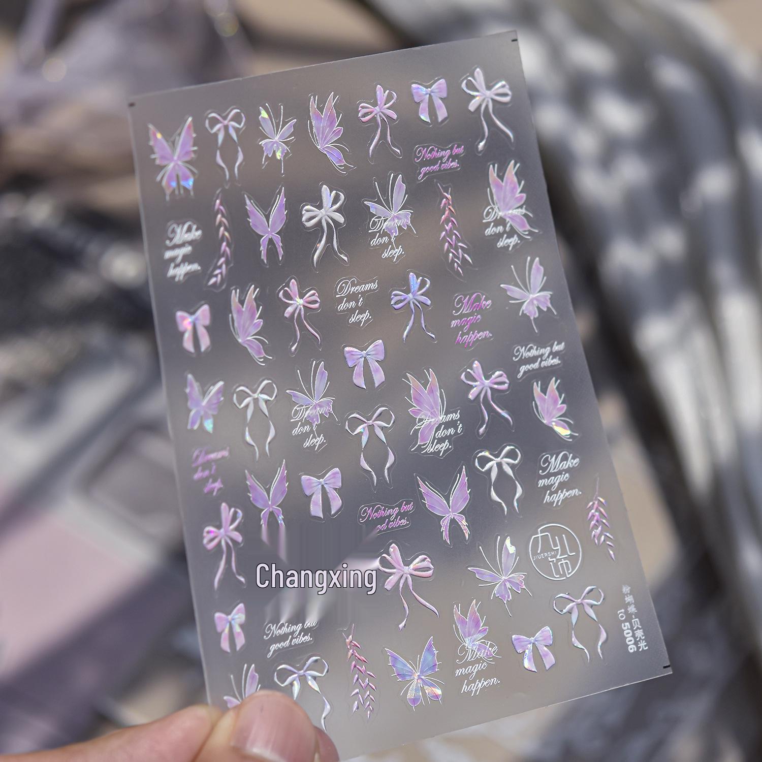 Tomoni Embossed Nail Art Stickers: Fresh Pink & Green Butterfly Design