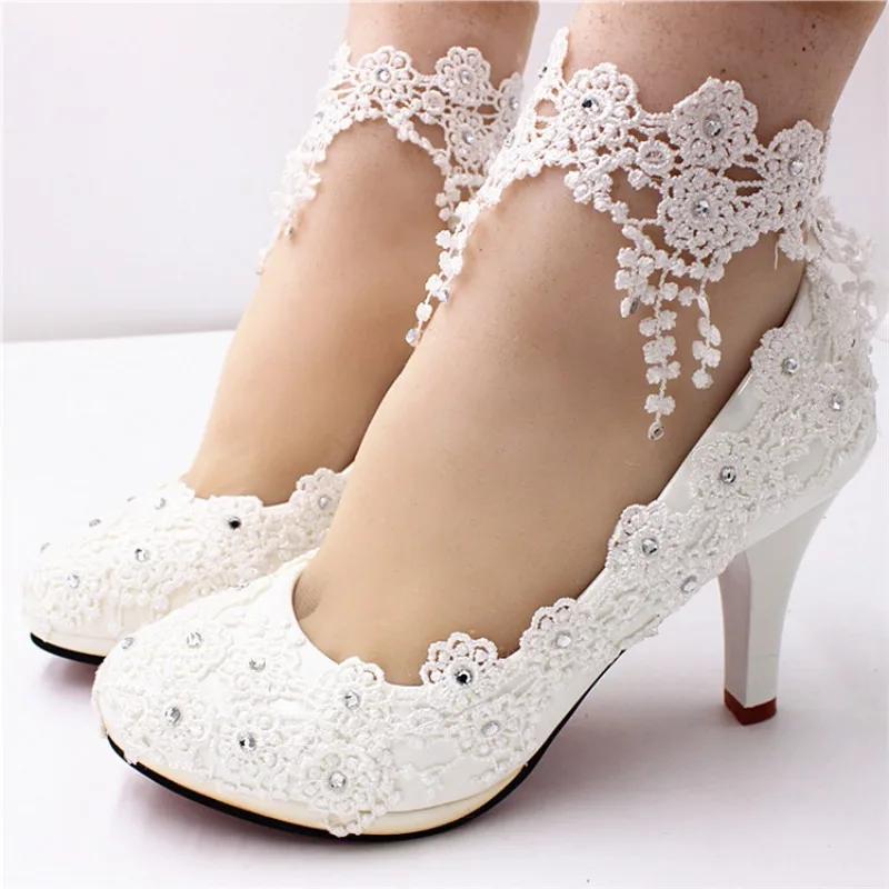 Damen Pumps PU Spitze 3 5 8 CM Dünne Absätze Modisch Weiß Hohe Absätze Braut Flach Hochzeitsschuhe Flaches Obermaterial Damenschuh