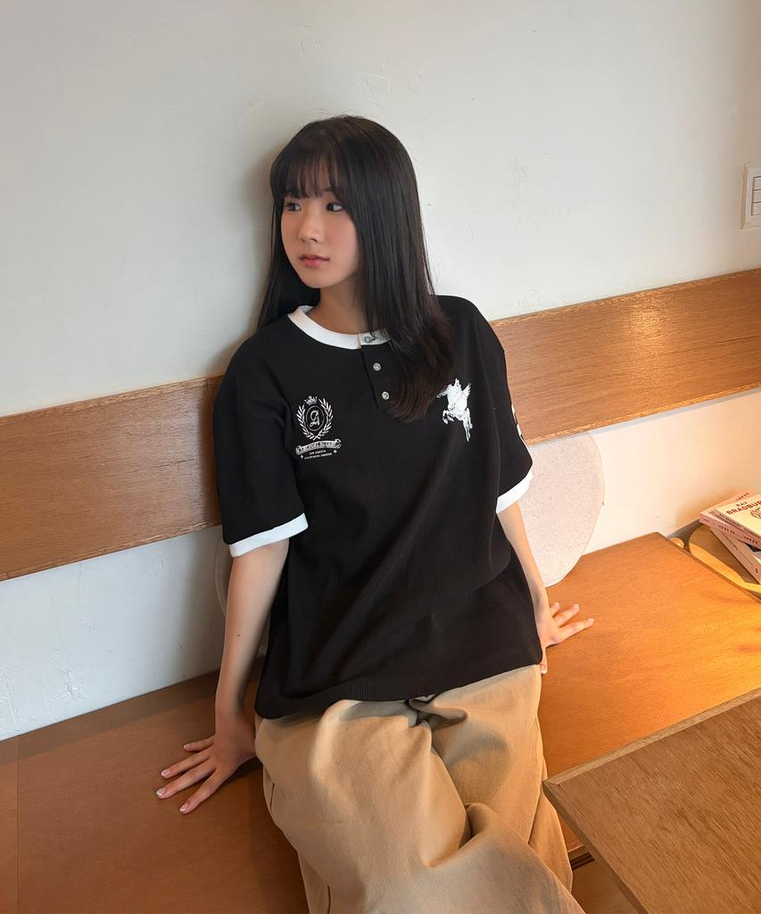 AWESOME STUDIO Waffle Henley Neck Ringer Color Block Tee Black
