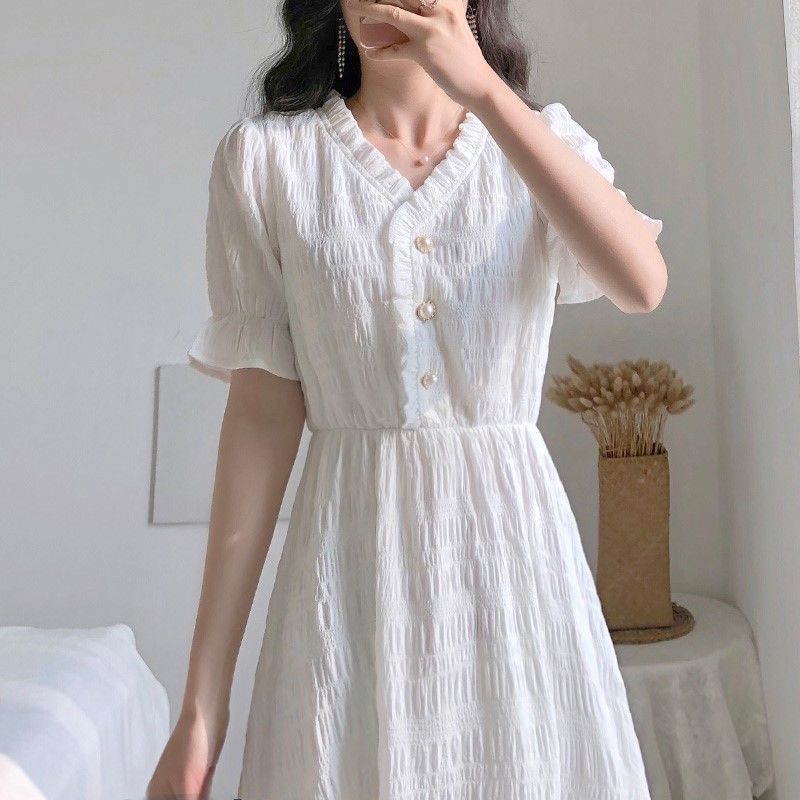 Vintage V Neck Dress Short Sleeve Breathable White Dresses Summer