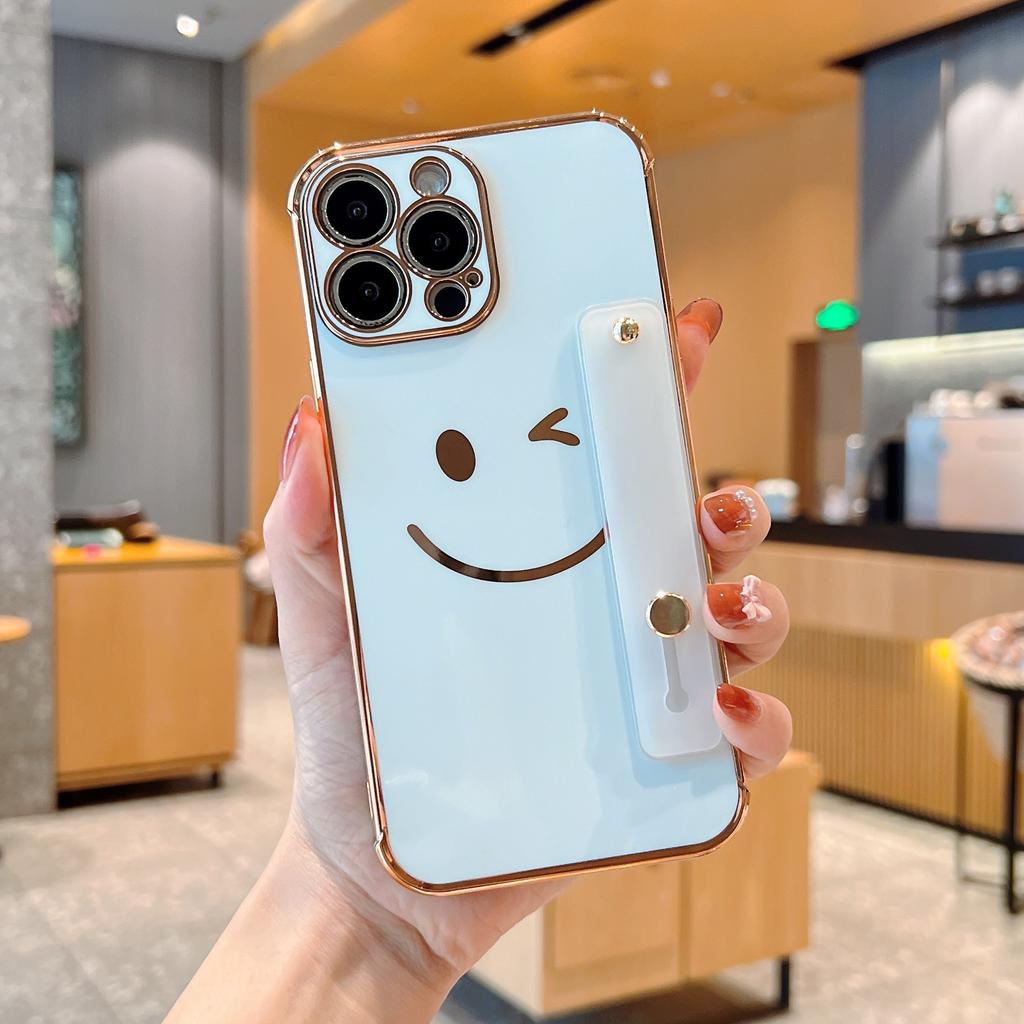 Electroplated side smiley face with bracket, suitable for Apple 16/17promax mobile phone case iPhone14/15 anti-drop cover