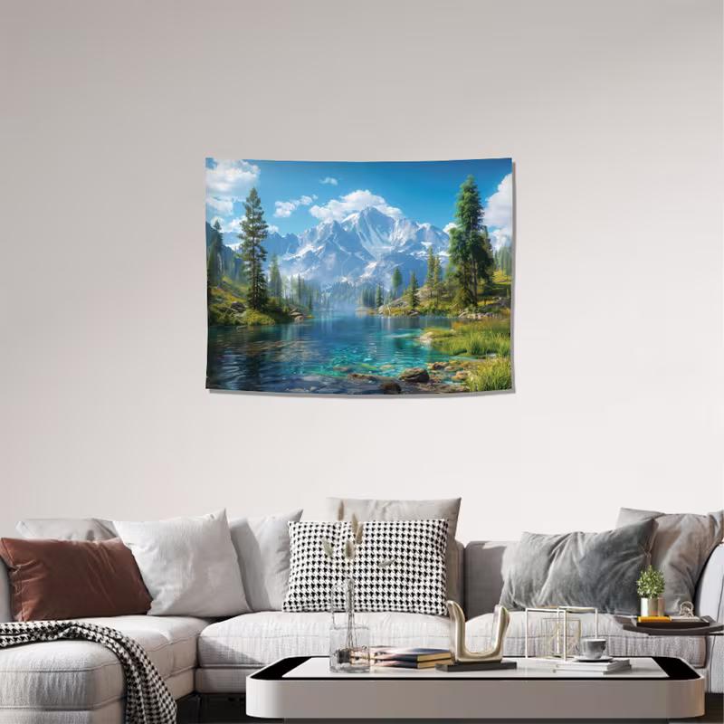 2D Party Backdrop Nature Landscape Tapestry, Serene Mountain Lake and Forest Scene