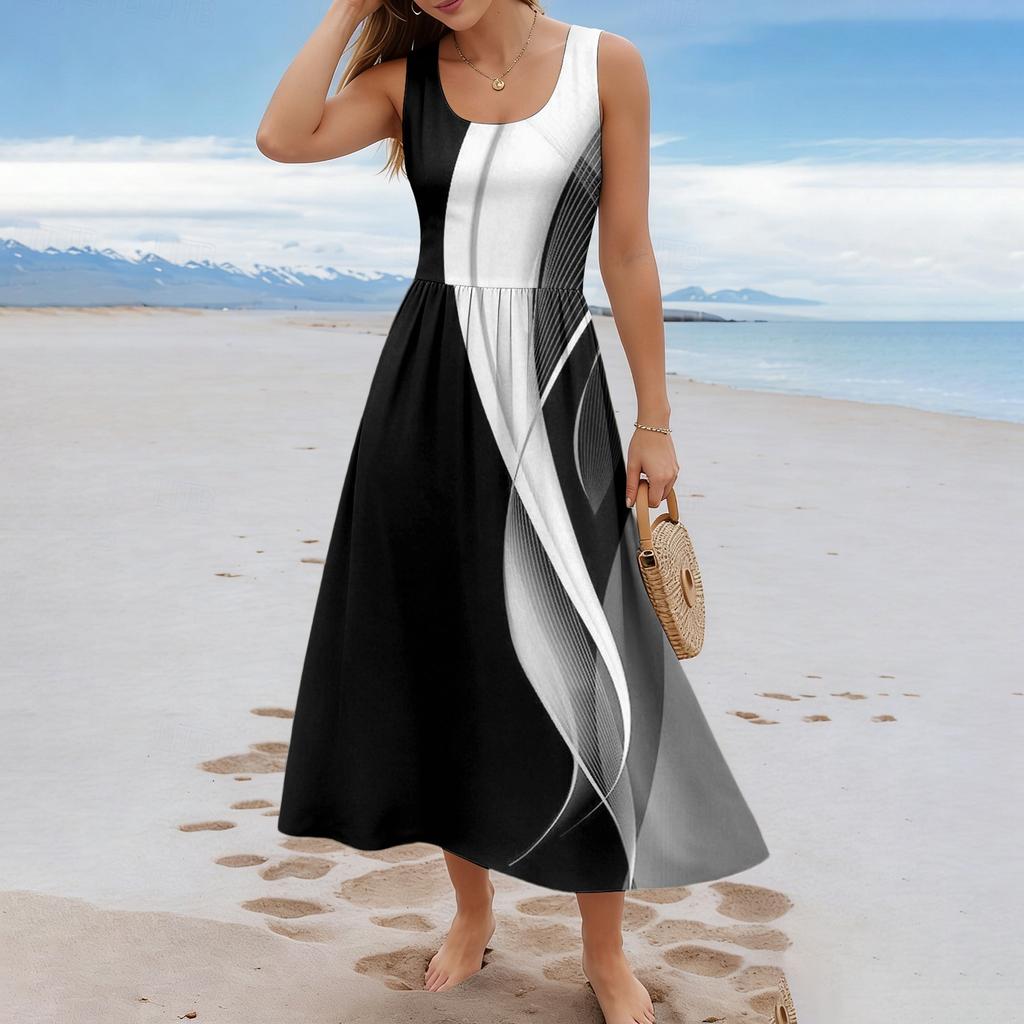 Sommerkleider für Damen UK Ärmellos Rundhalsausschnitt Geometrischer Druck Lässig A-Linie Damen Sommerkleider UK Midi-Kleid Damen Sommerkleider UK