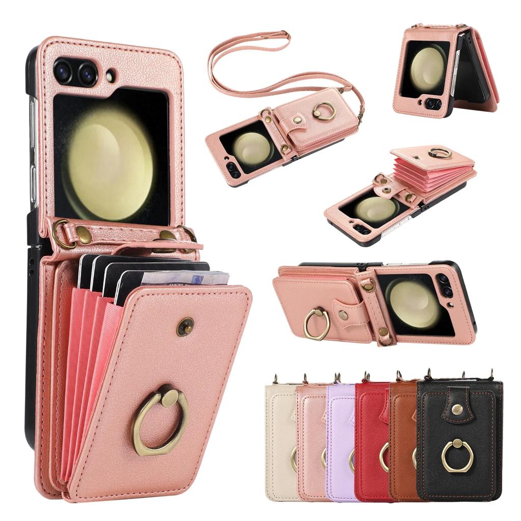 Crossbody Leather Cards Solt Wallet Bag Case For Samsung Galaxy Z Flip 7 6 5 4 5G Flip5 Finger Ring Holder Lanyard Pocket Cover