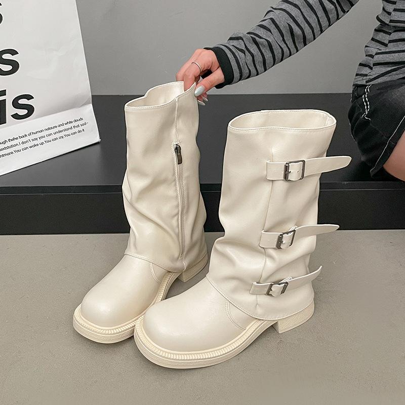 Spice Girl Pants Pleated Boots Spring and Autumn New Boots Women's Knight Boots Boots Tall Piles British Style Retro