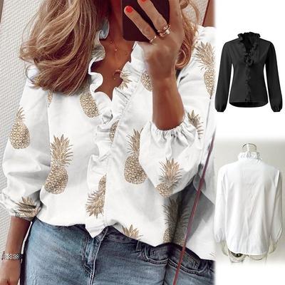 Casual Long Sleeved White Ruffle V - Neck Blouse Top Women's Shirt