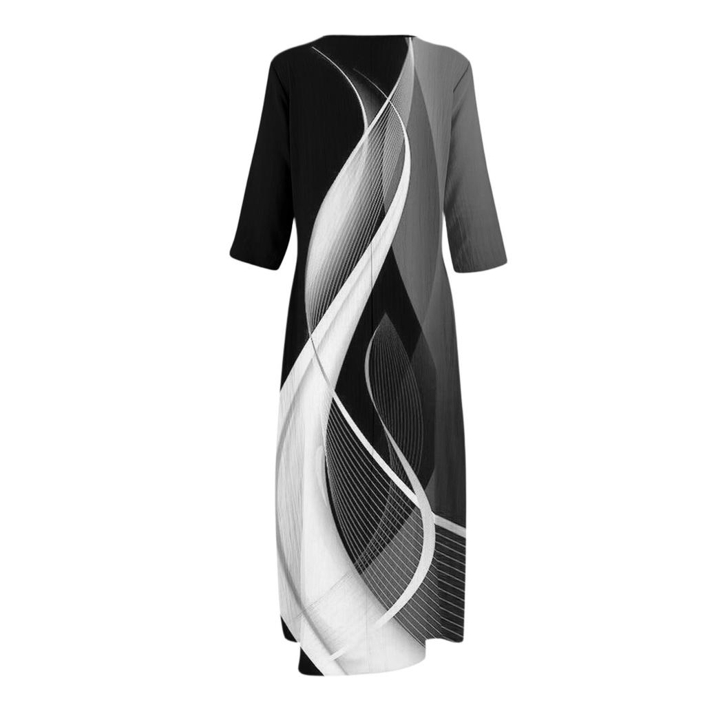 Dresses For Womens Vintage Print Tunic Waisted Midi Dress Summer Casual  3/4 Sleeve Dress