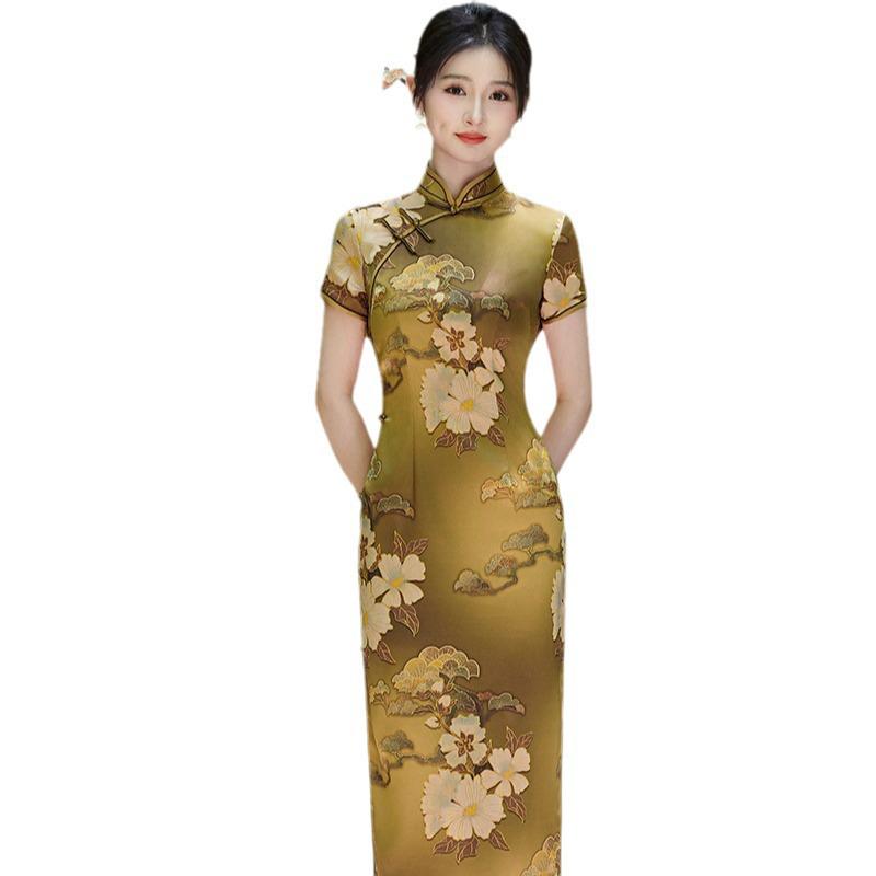 2026 New Chinese Style Silk Cheongsam: Summer-Autumn Retro Long Dress, Slim Fit, Double Layer for Banquets & Performances