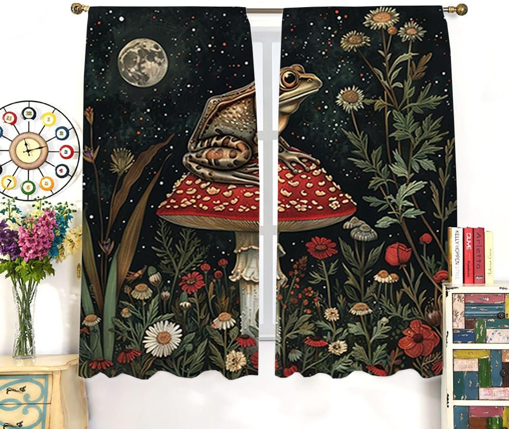 Vintage-Verdunkelungsvorhänge mit Pilz-, Frosch- und Blumenmuster im rustikalen 70er-Jahre-Aquarellstil, Frühlingsgarten-Vollmond-Print, perforiert für Wohnzimmer