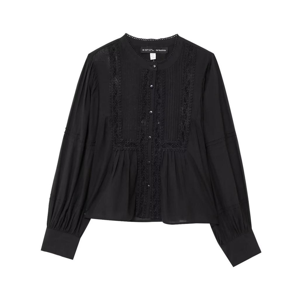 Spring 2025 Women's European and American Style Lace Pleated Shirt Top