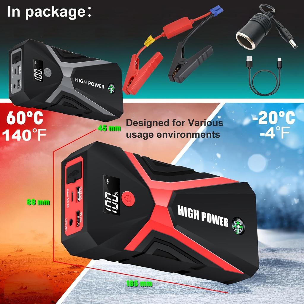 2000A Spitzenleistung Auto Starthilfe für 6.0L Benzin-/5.0L Dieselmotoren - mit LCD-Anzeige, Dual-USB-kompatibel und 12V DC-PORT