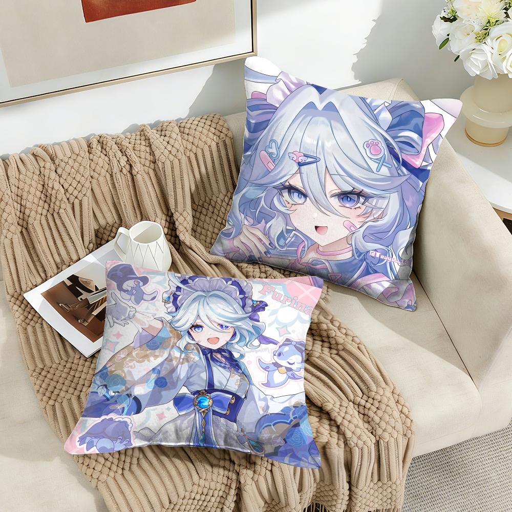 Cute Furina Genshin Impact Cushion Cover Silky Short Plush Invisible Zipper Dustproof Sofa Pillow Case For Home Decor