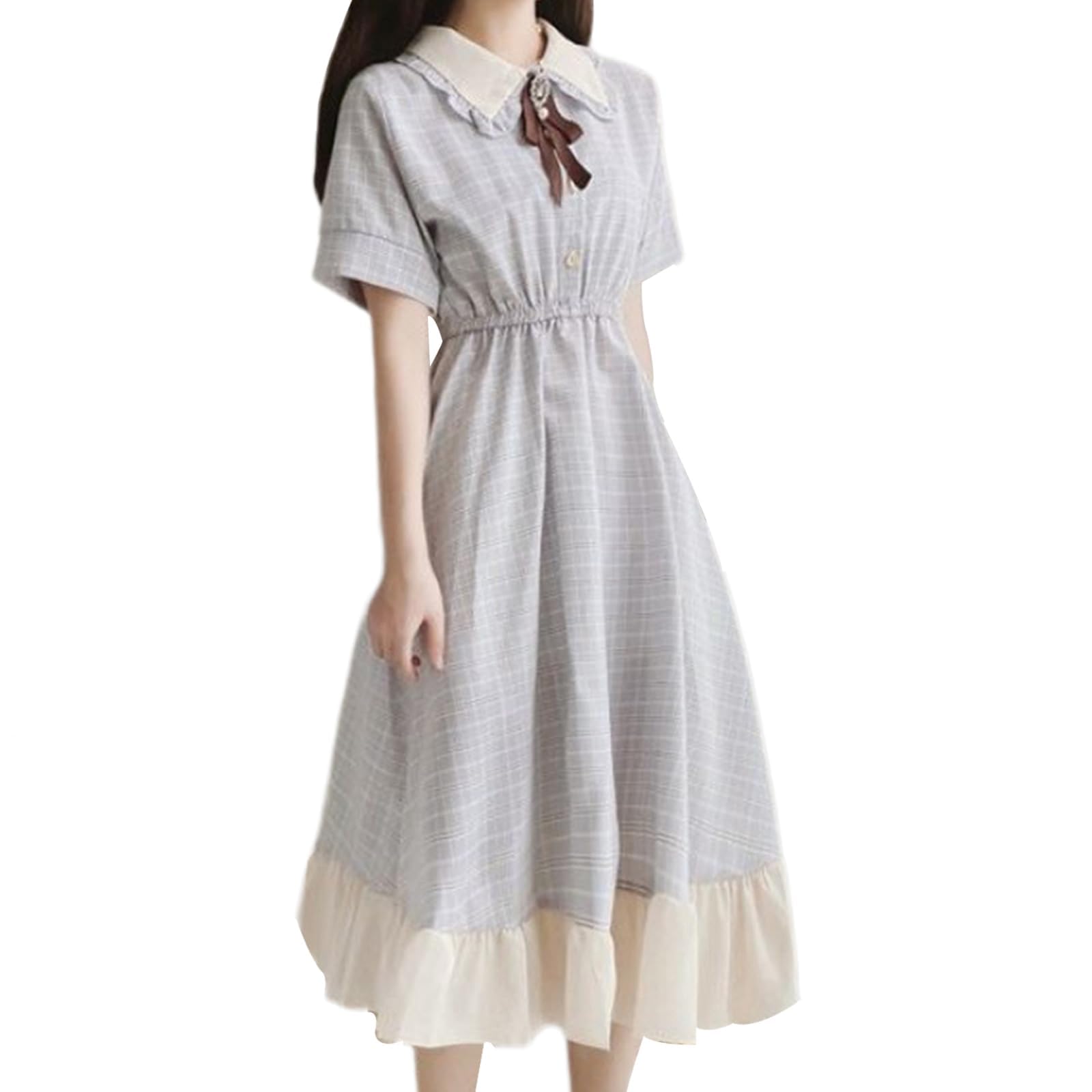 

LAVASEON Клетчатое платье с длинным коротким платьем с эластичной талией и оборками Мори Принцесса Свободное Школьное 2 предмета Лента, Длина, Массовое производство, синий