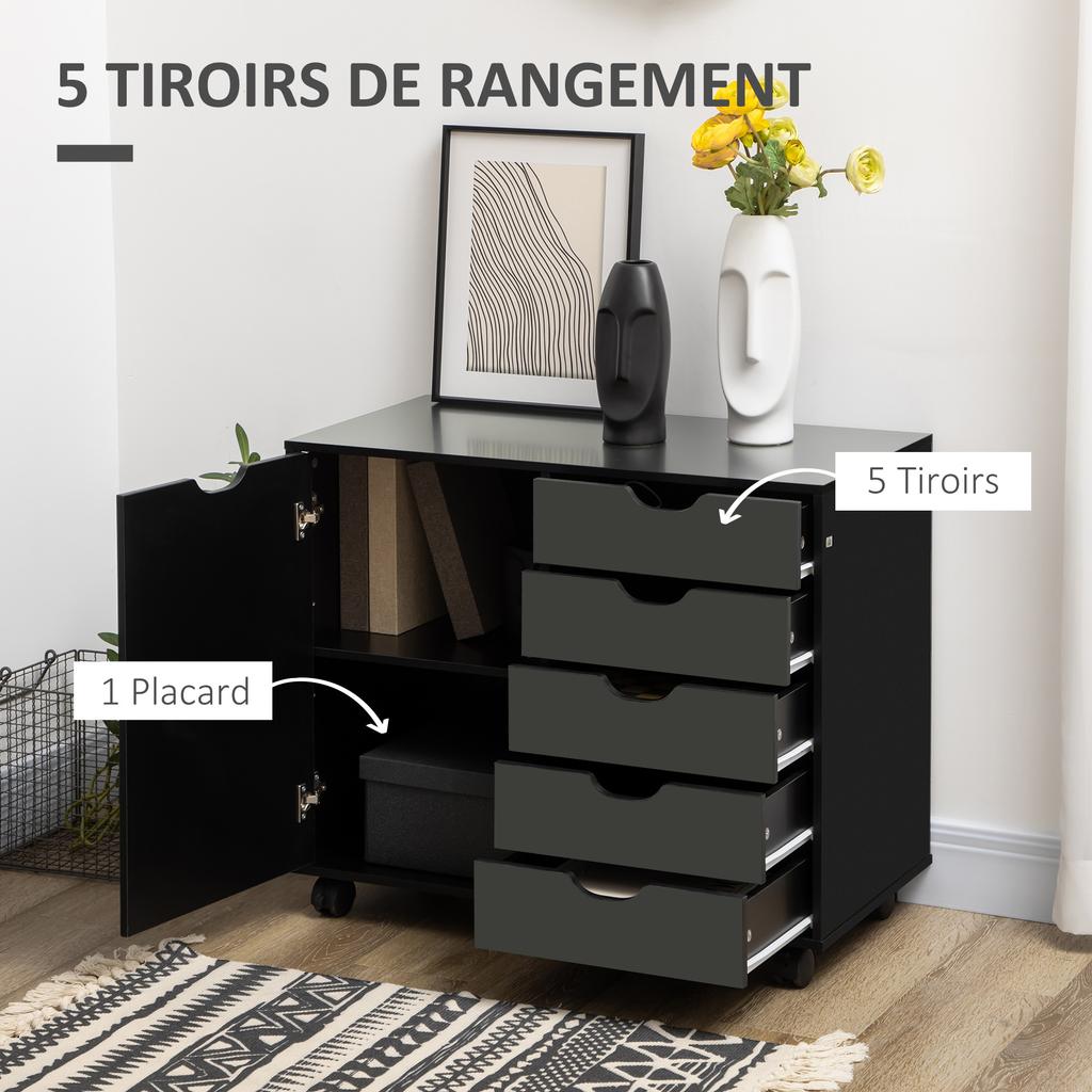 Office Cabinet With 5 Drawers 1 Door Adjustable Shelf Printer Stand On Wheels 78x40x66.5 Cm Black