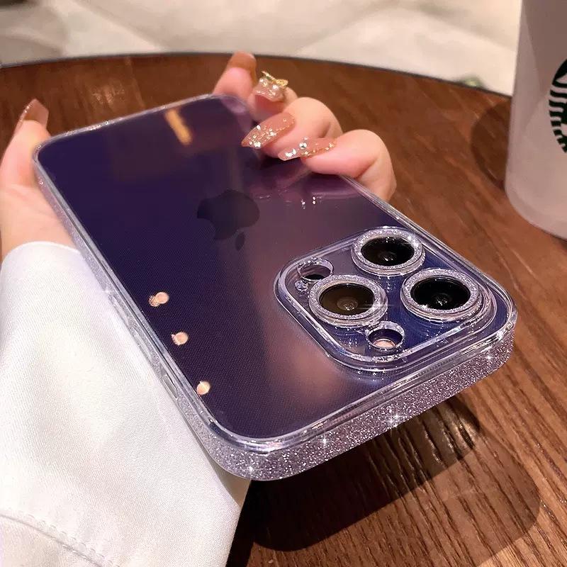 

IPhone 16 Glitter Pink Frame Mobile Phone Case Transparent Suitable for Apple 15 ProMax Creative Mirror 14 Glass Protective Cover iPhone12pro