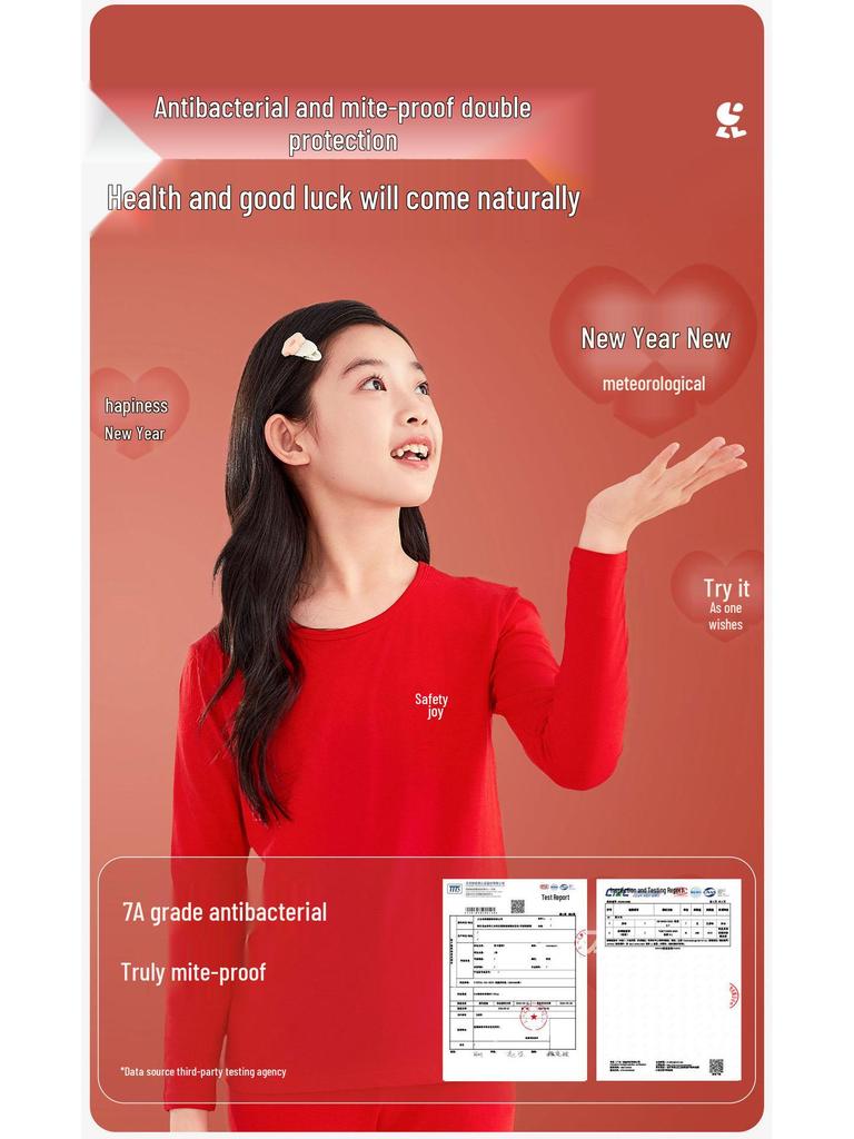 Children's Zodiac Year Red Cotton Wool Underwear Set - Warm Base Layer Shirt and Pants for Boys and Girls In Autumn