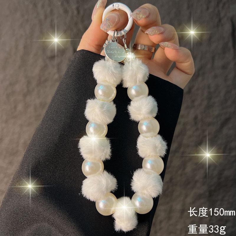 Autunno Inverno Peluche Cordoncino per Telefono Moda Perla Pompon Perline Catena Pendente per Telefono Corto da Polso Catena Portatile
