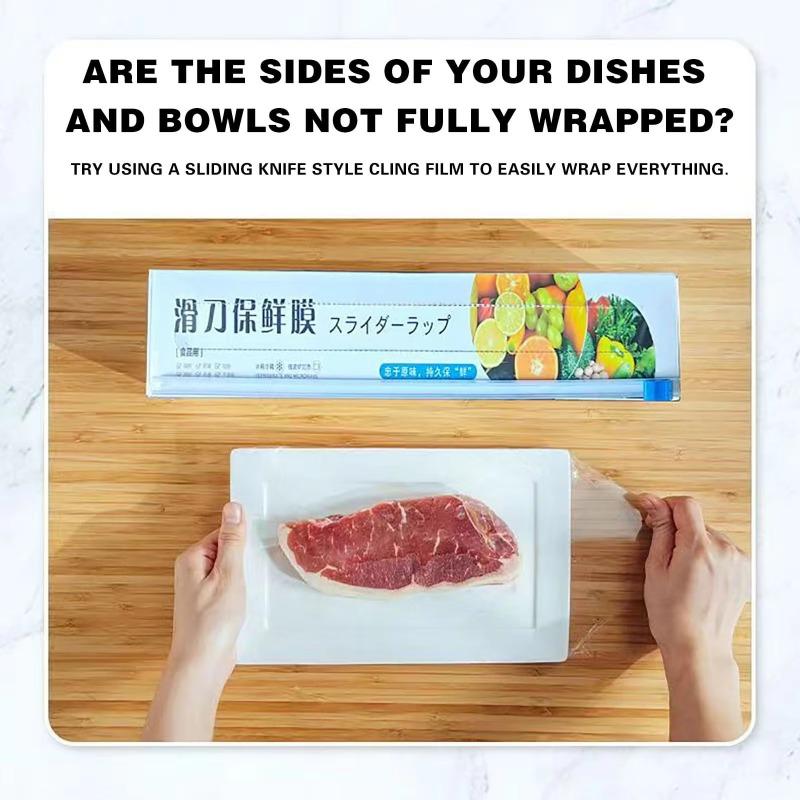 Durable Cling Film with Sliding Knife - Reusable Hands-Free Fresh-Keeping Plastic Wrap, Kitchen Food Cover