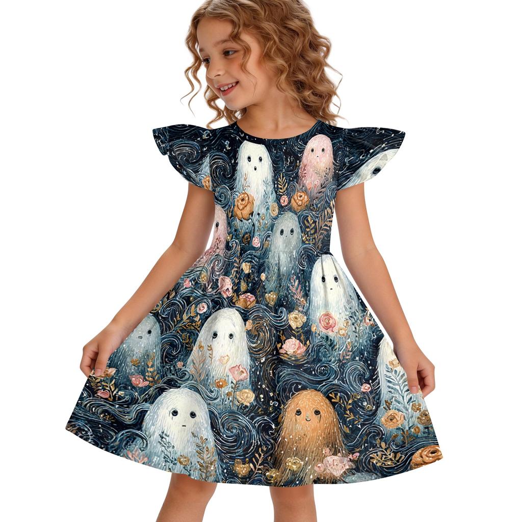 Girls Halloween Dress Flutter Sleeve Dress Ghost Print Patchwork Dress Kids Party Dress A-Line Dress for Toddler and Little Girls