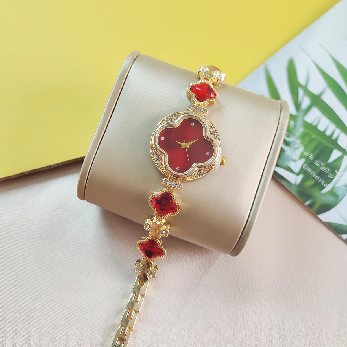 5PCS Women s Clover Minimalist Watch Set Women s Quartz Watch with Bracelet, Necklace, Ring, Earring Gift Box, Luxury Watch красный