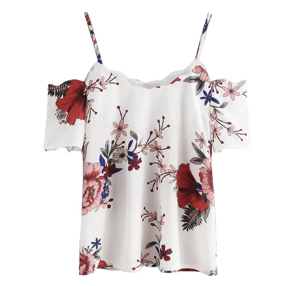 

Women Summer Off Shoulder Chiffon Printed Blouse Tank Tops Clothes T Shirt M
