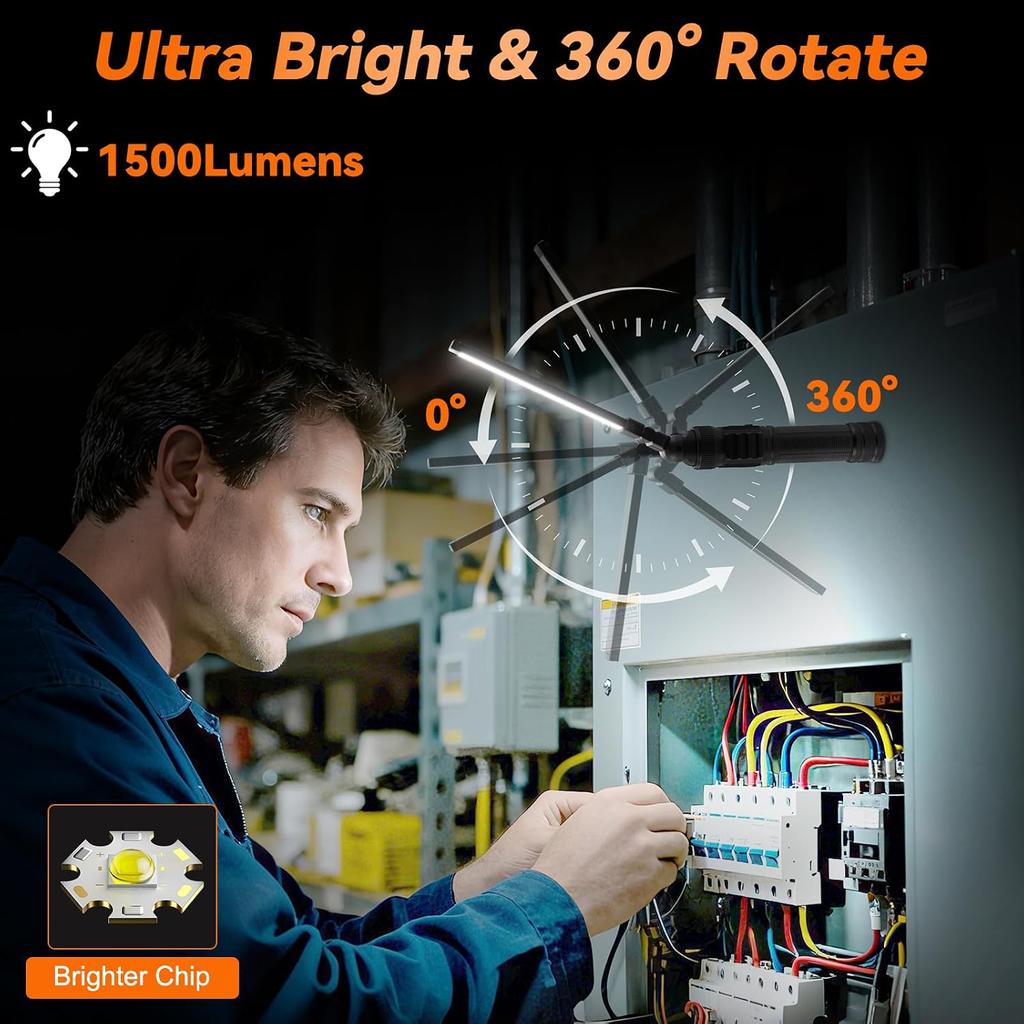2Pack Magnetic Rechargeable LED Work Light/Flashlight for Mechanics | All Aluminum, 1500 High Lumens, Digital Display, 7 Modes, 360° Rotation, for