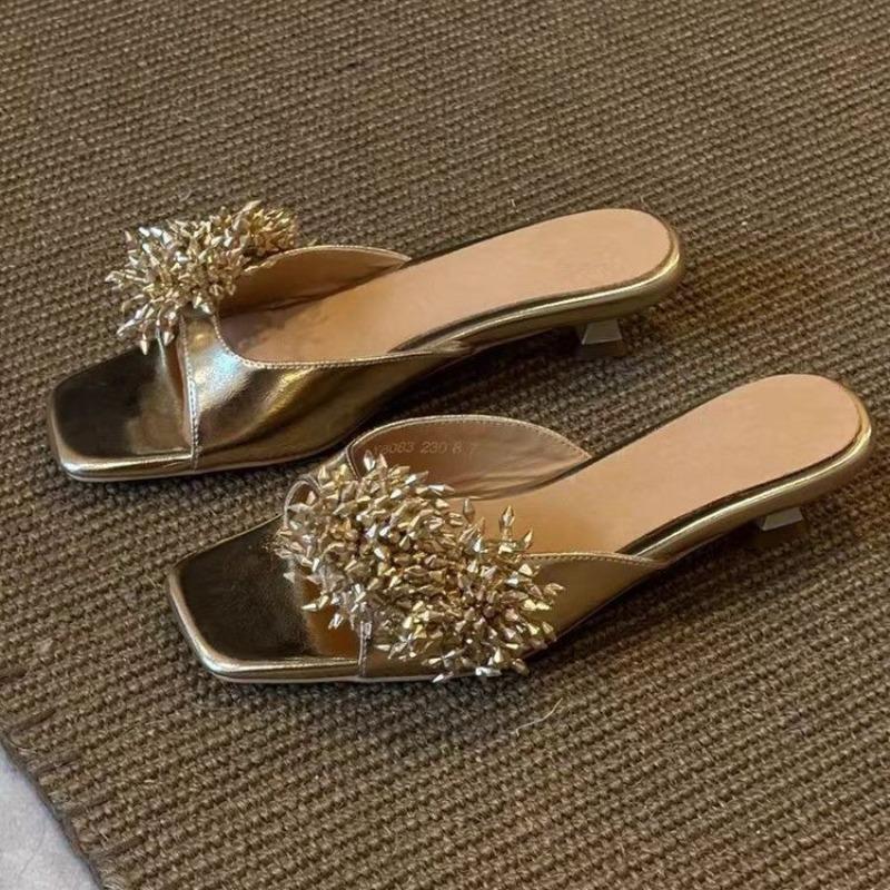 Fashion Gold Rhinestone Flower Sandals and Slippers Women's Summer New Fashion Temperament Square Toe Open Toe Stiletto Slippers