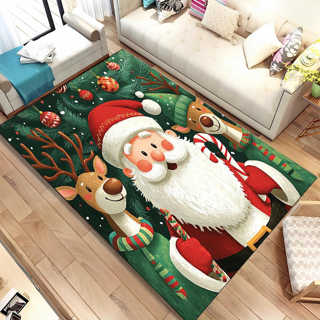 Cute Santa Claus Cartoon Merry Christmas Tree Festival Gift Carpet Rug for Living Room Bedroom Home Sofa Decoration,Non-slip