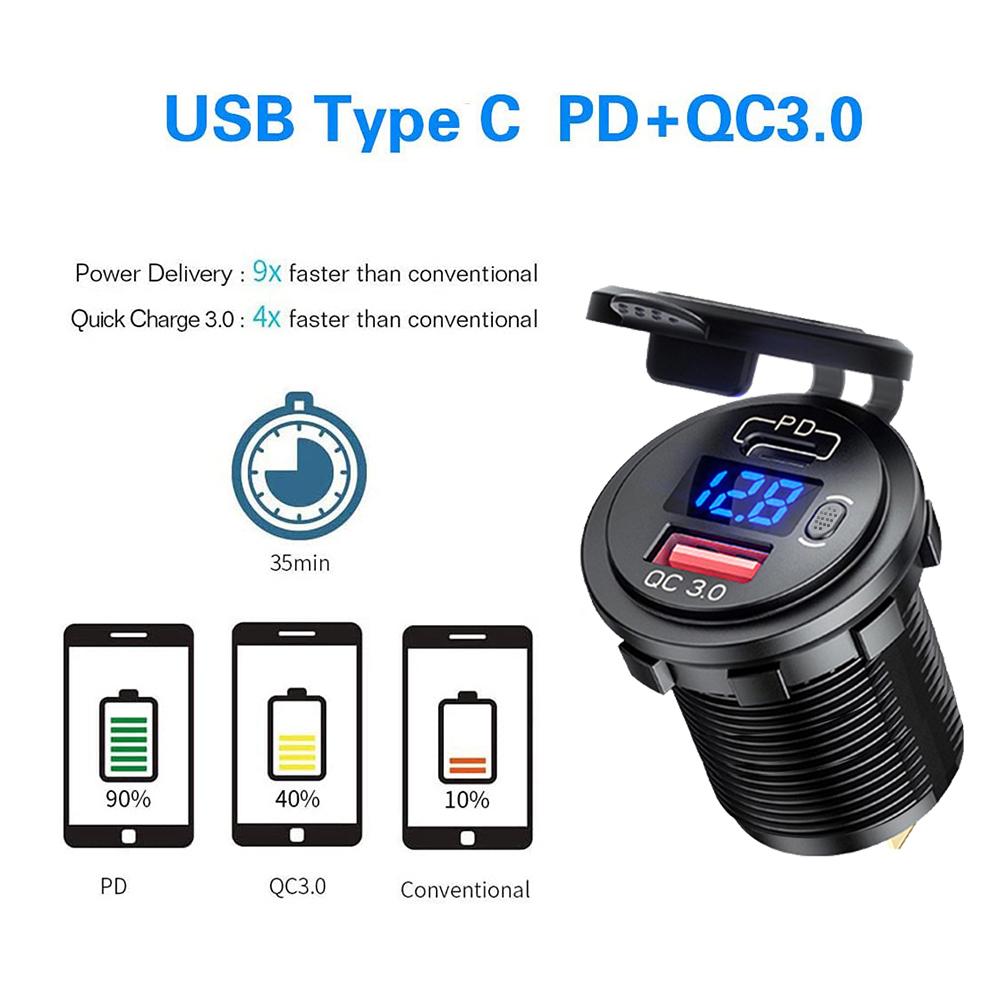 12V/24V Car Charger Socket with ON/Off Switch Voltage Display  45W PD USB QC 3.0 Fast Charger for Car Truck Boat RV Motorcycle