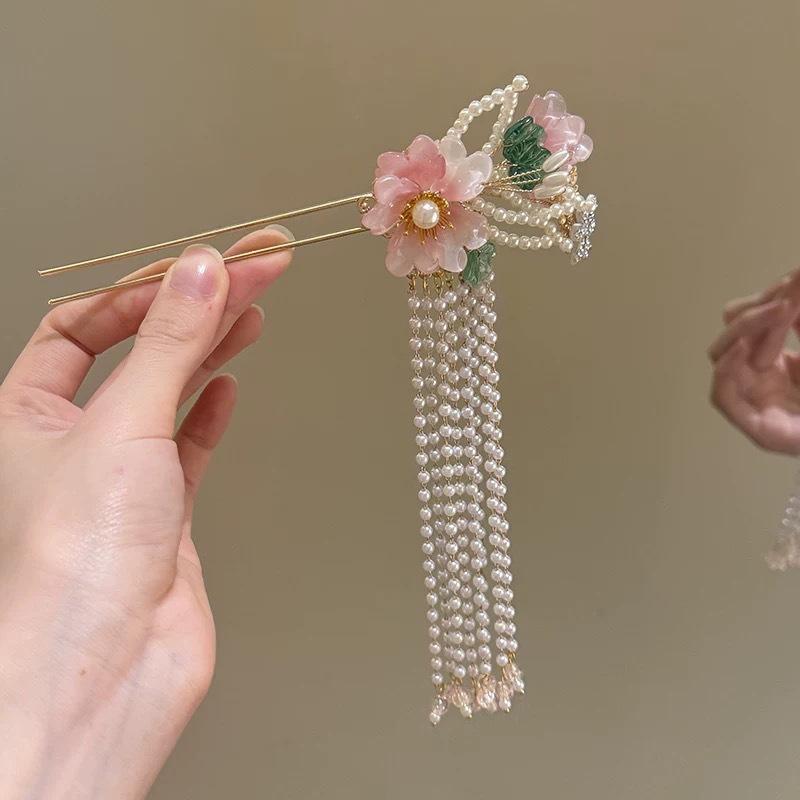 

Sweet Heart Harmonious Intent~New Chinese Flower Tassel Pearl Hairpin New Qipao Hair Accessories Hanfu Headwear