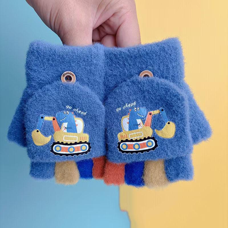 Children's Half-finger Flip Digger Cartoon Knitted Gloves Boy's Split-finger Cute Child Student Writing To Keep Five Fingers Warm