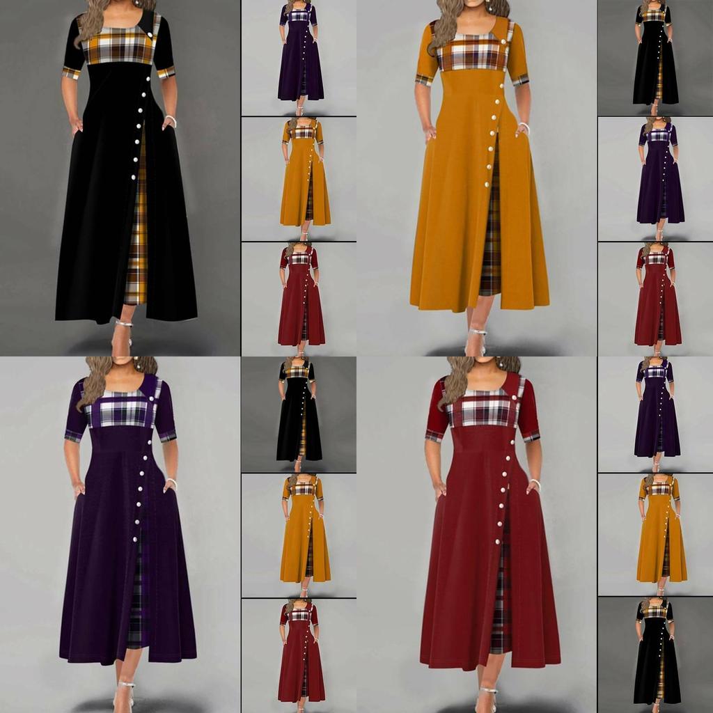 Women Casual Irregular Plaids Button Maxi Dress Half Sleeve Plus Dress Size