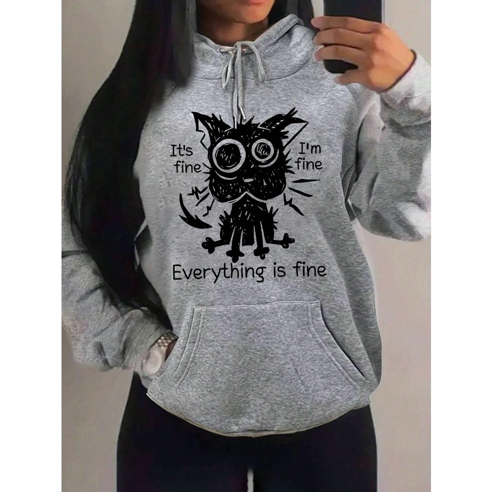 Everything Is Fine Funny Dog Printing Women Hoodies Fleece Hoody Autumn Loose Hoodie Pocket Comfortable Woman