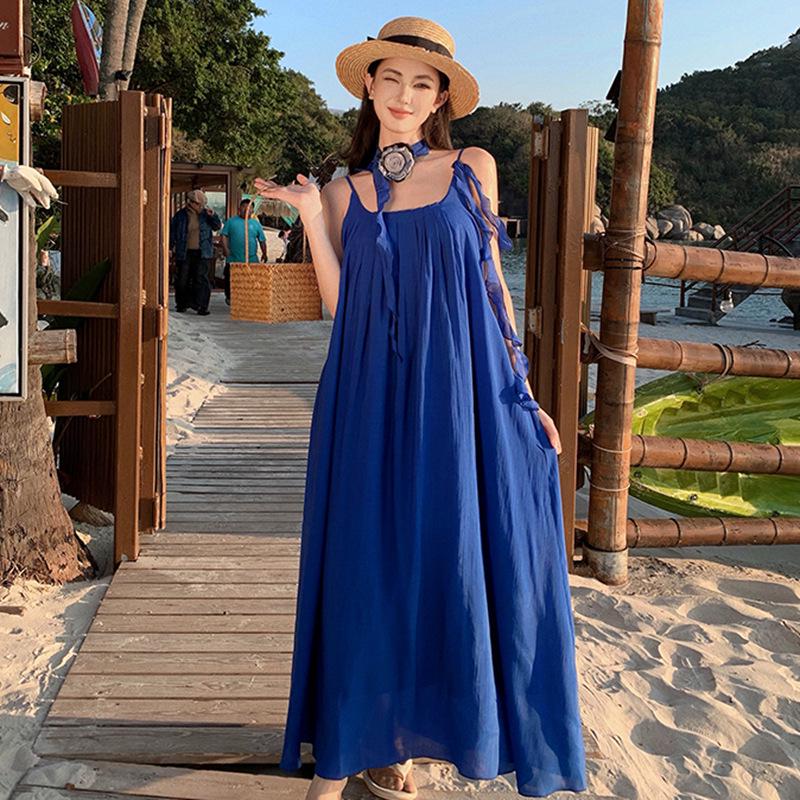 

Sanya Blue & White Strappy Resort Dress - Women s Summer Beach Style Small