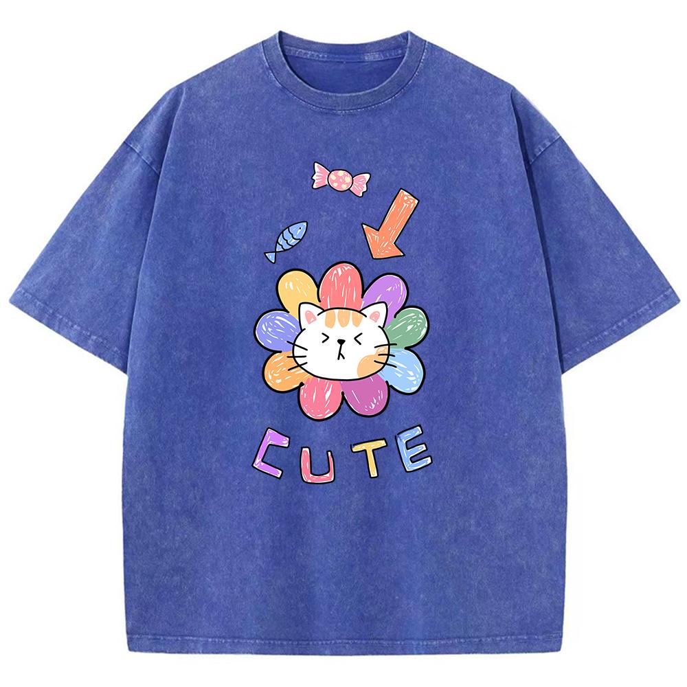 Cute Cartoon Little Flower Cat Men'S Tee Clothing Cartoon T-Shirts Popular Shoulder Drop Tee Shirt Retro Cotton Tops