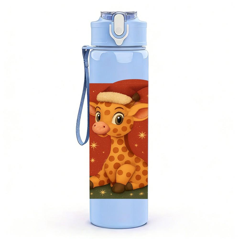 1PC Christmas Giraffe Cartoon 750ml Color Plastic Sports Water Bottle Leakproof Flip Straw Lid Suitable for Sports Office Home Use